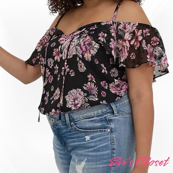 Torrid Navy Silver Pink Chiffon Plus Sz 3/ 22 Cold Shoulder Short Sleeve Top - Picture 3 of 16